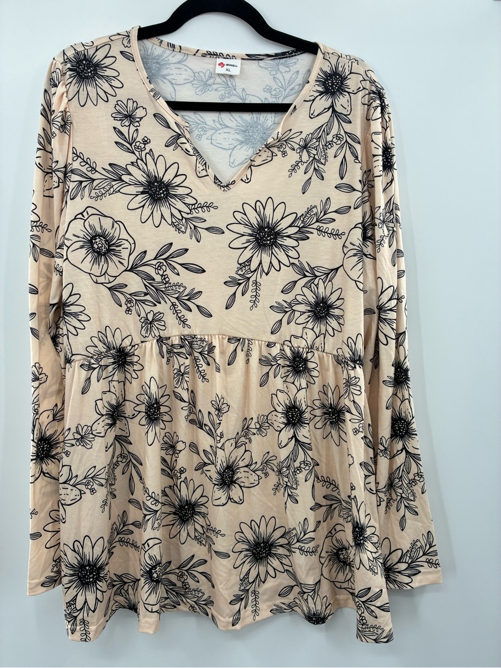 Wiholl Floral V-Neck Long Sleeve Peplum Dress - Beige/Black size XL